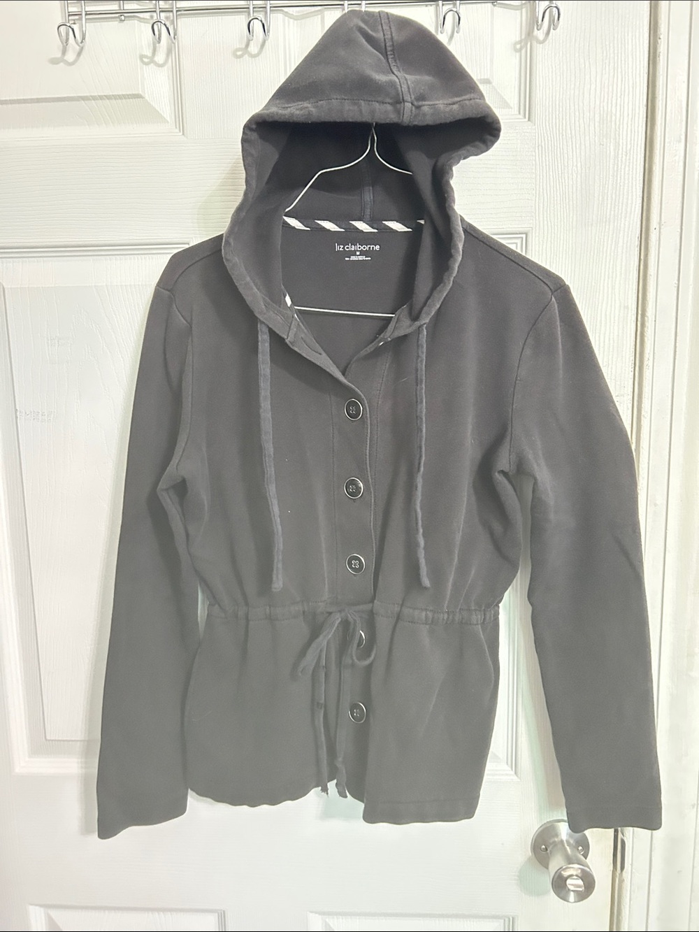 Liz Claiborne Black Hooded Drawstring Button Jacket